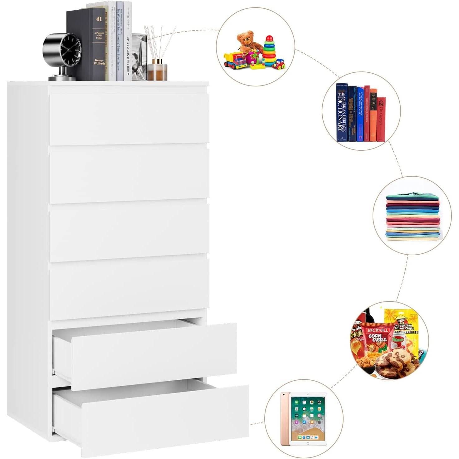 White Wooden 6 Drawer Bedroom Dresser With Sliding Rails