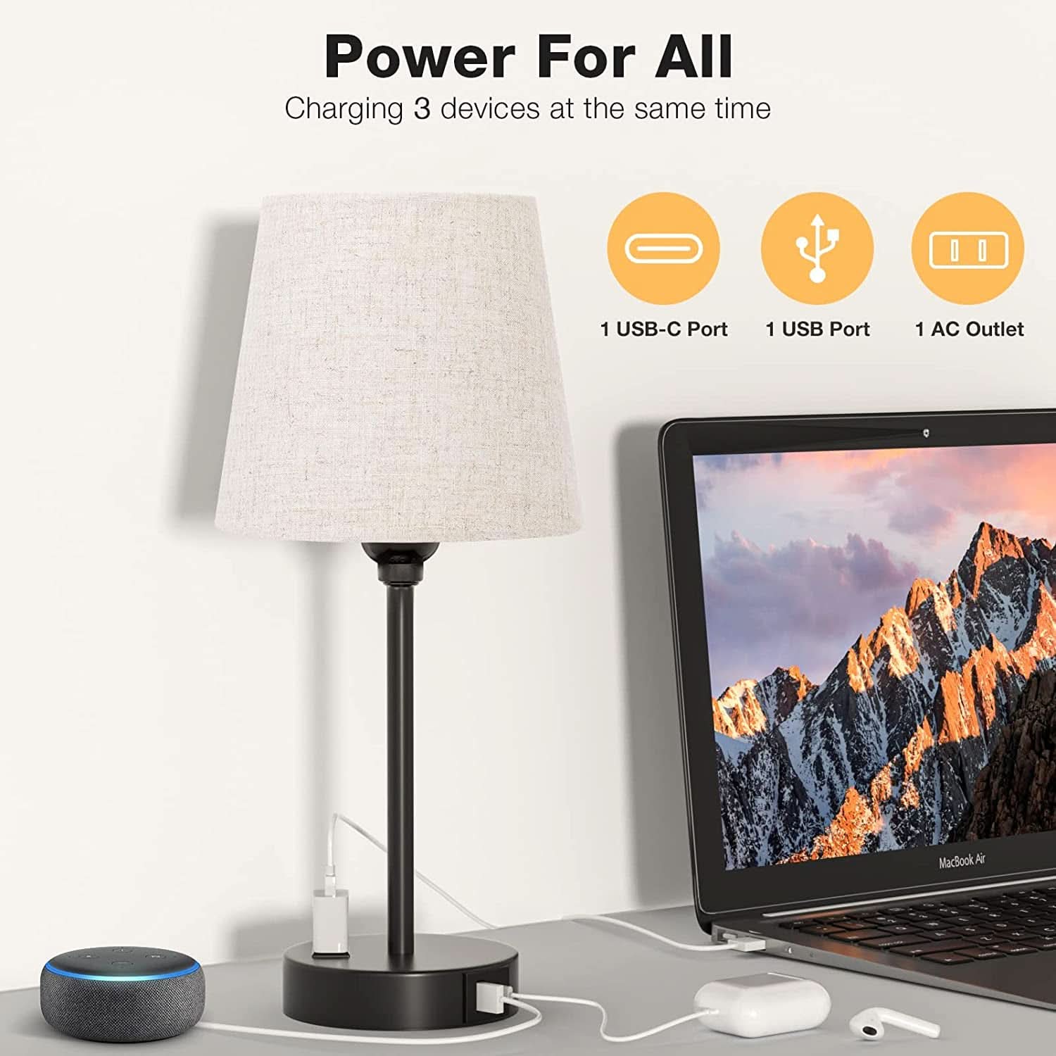 Set of 2 Mini Bedside Lamps With USB C And AC Outlets
