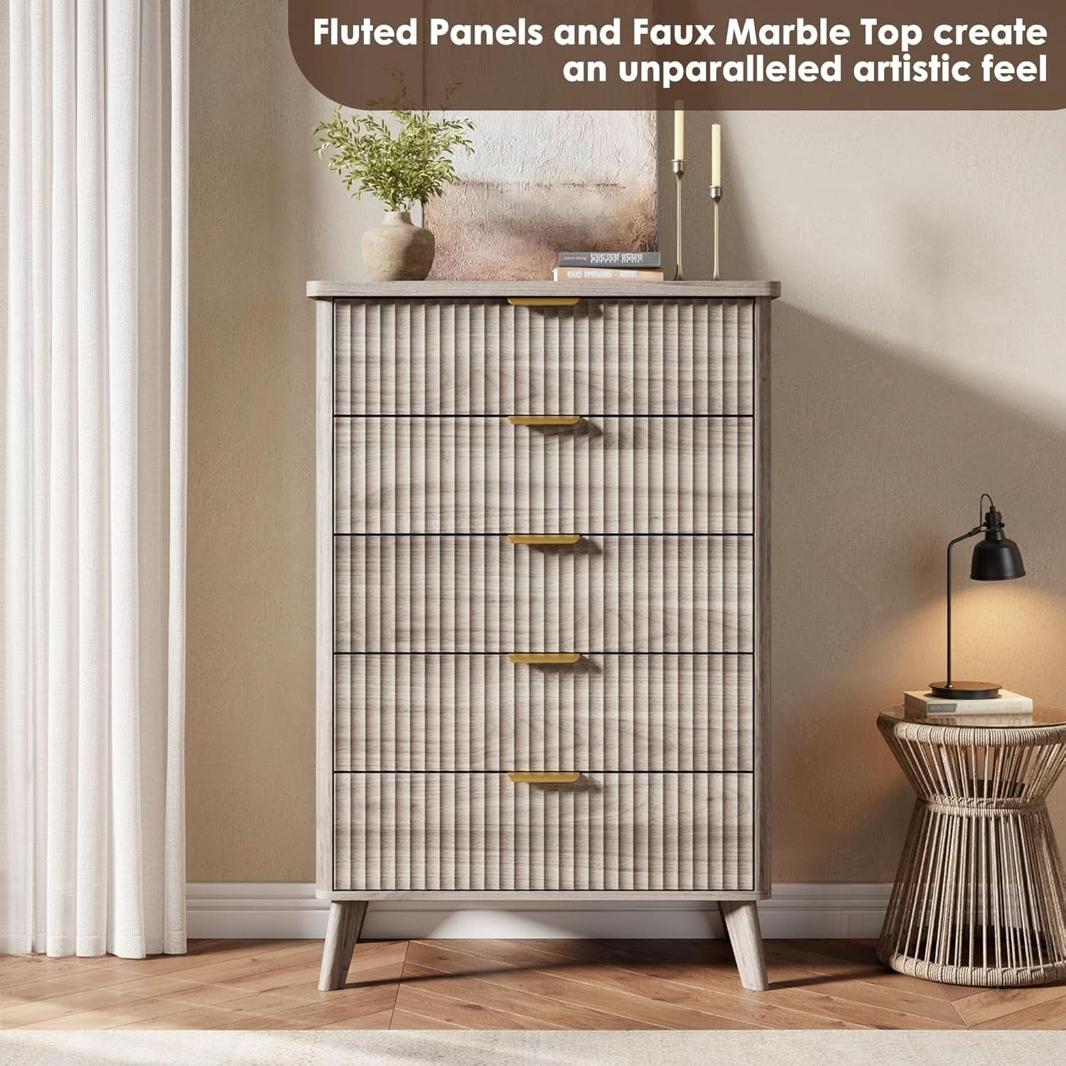 Grey Fluted Contemporary Five Drawer Bedroom Dresser