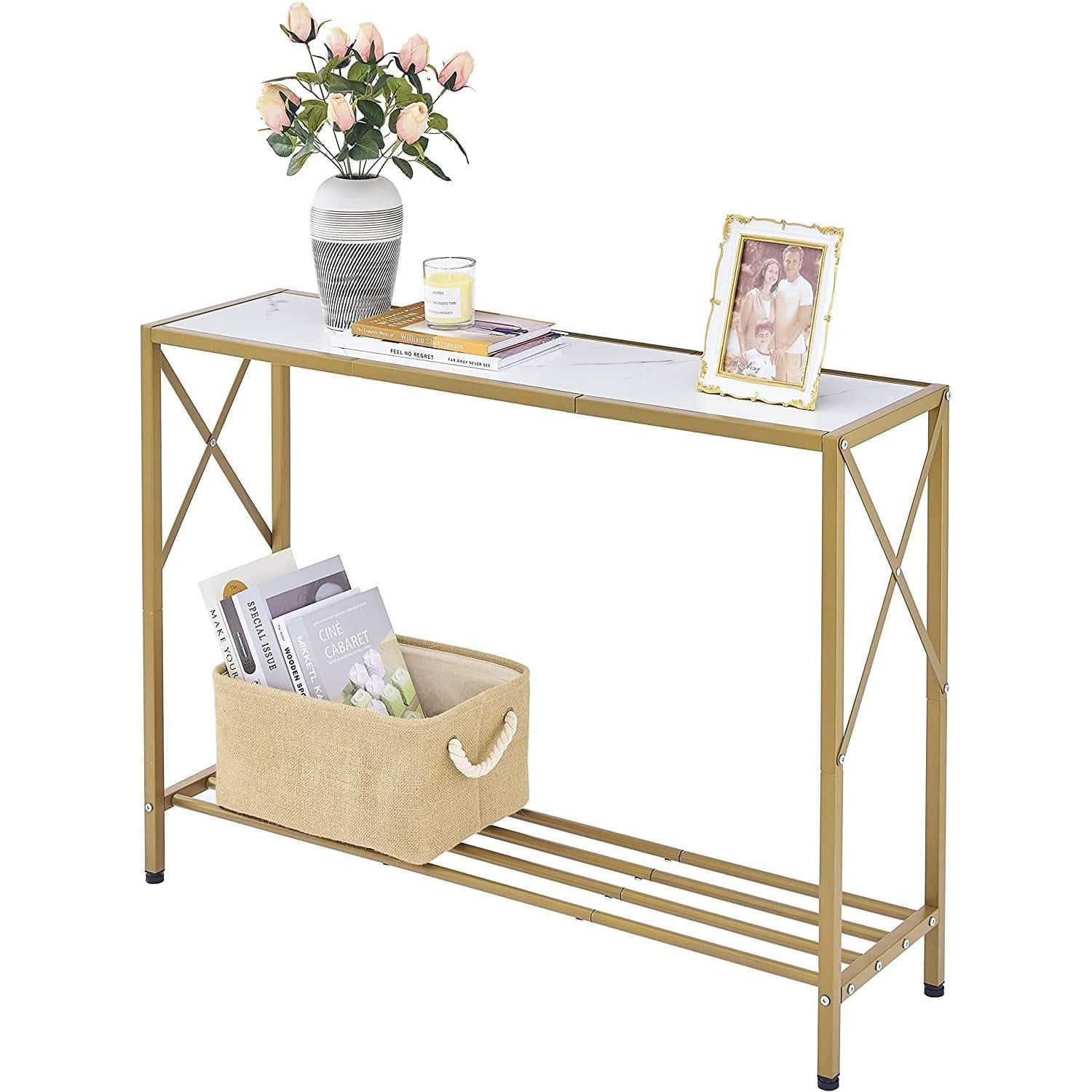 Gold And White Narrow Console Table With Shelves 41 Inch Long