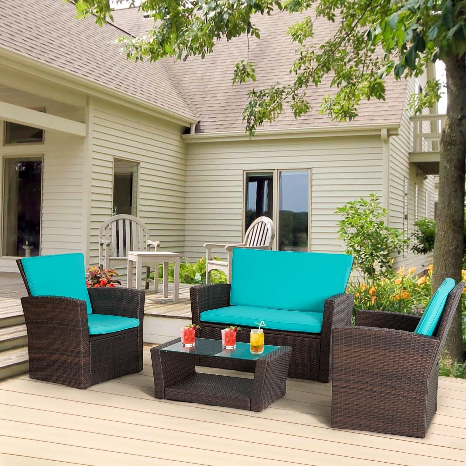 4 Piece Outdoor Patio Furniture Set Wicker Conversation