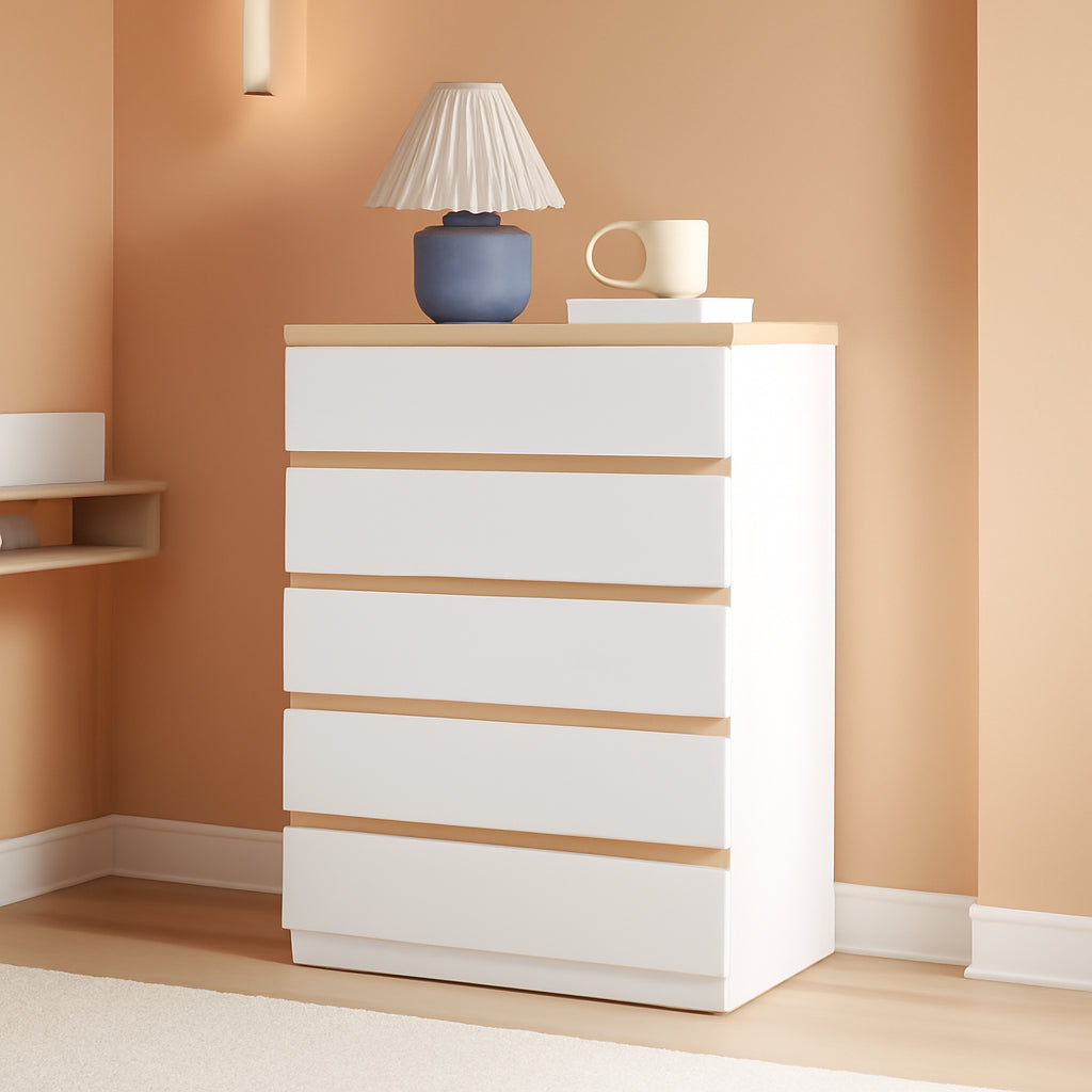 5 Drawer White Brown Ultra Gloss Finish Dresser Bedroom