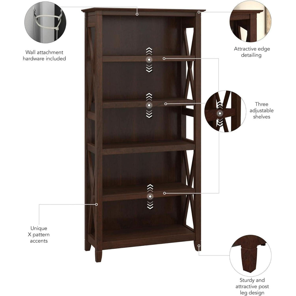 Bush Furniture Tall 5 Shelf Bookcase Bing Cherry Finish