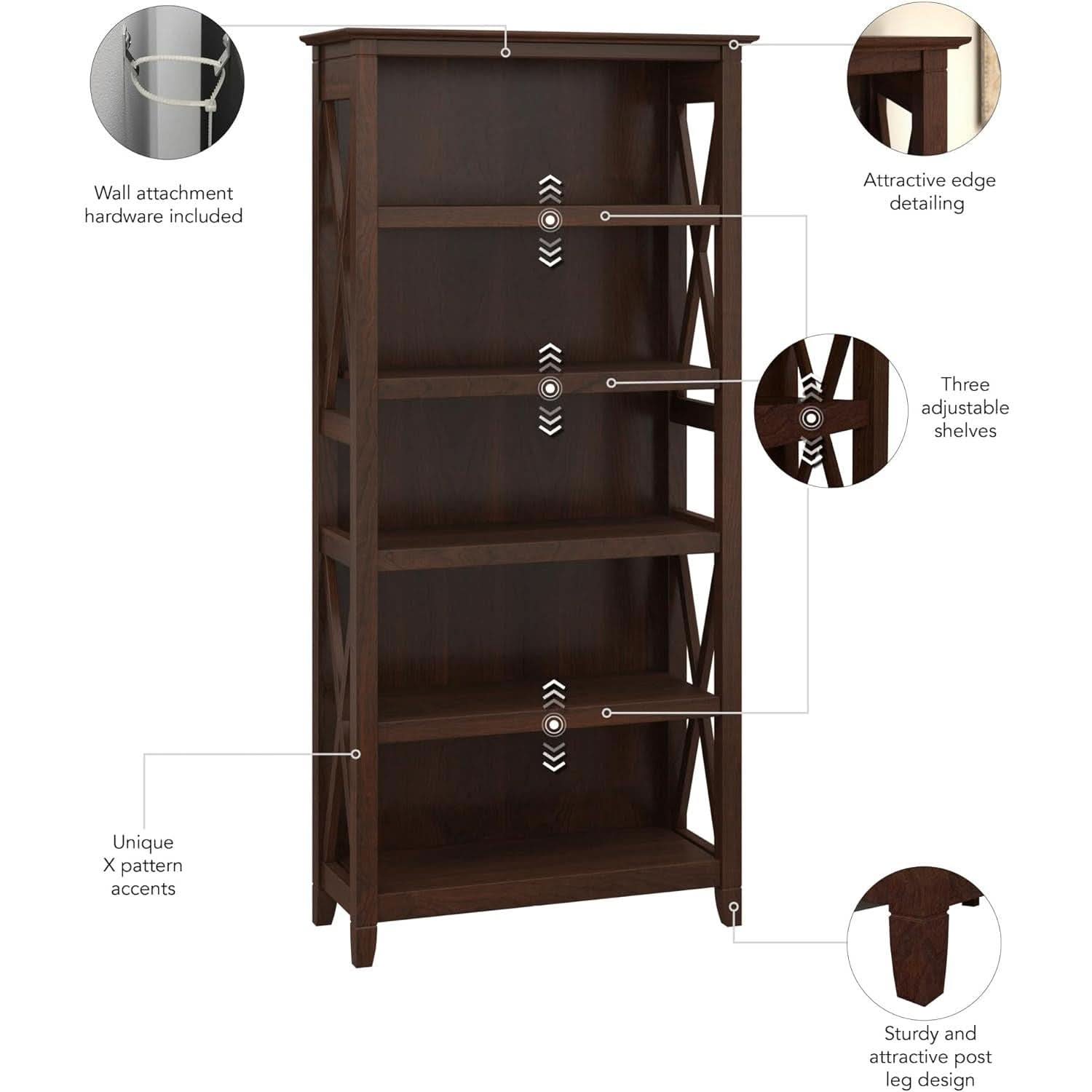 Bush Furniture Tall 5 Shelf Bookcase Bing Cherry Finish