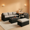 Six Piece Outdoor Wicker Furniture Set With Grey Cushions