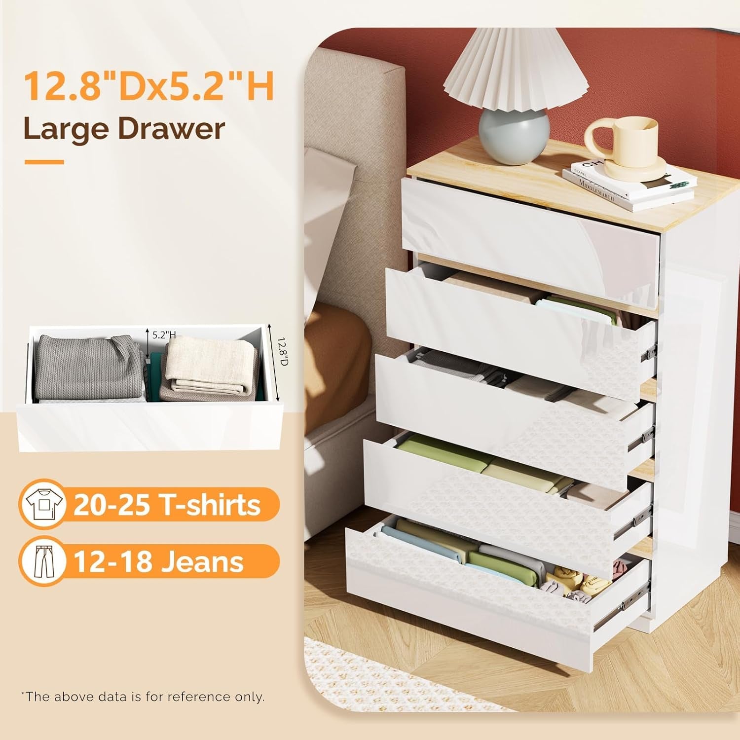 5 Drawer White Brown Ultra Gloss Finish Dresser Bedroom