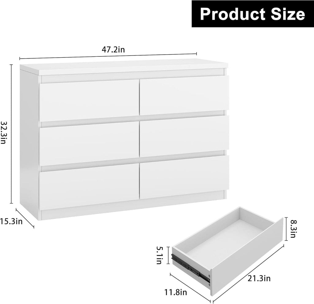 White Modern Six Drawer Dresser For Bedroom Storage