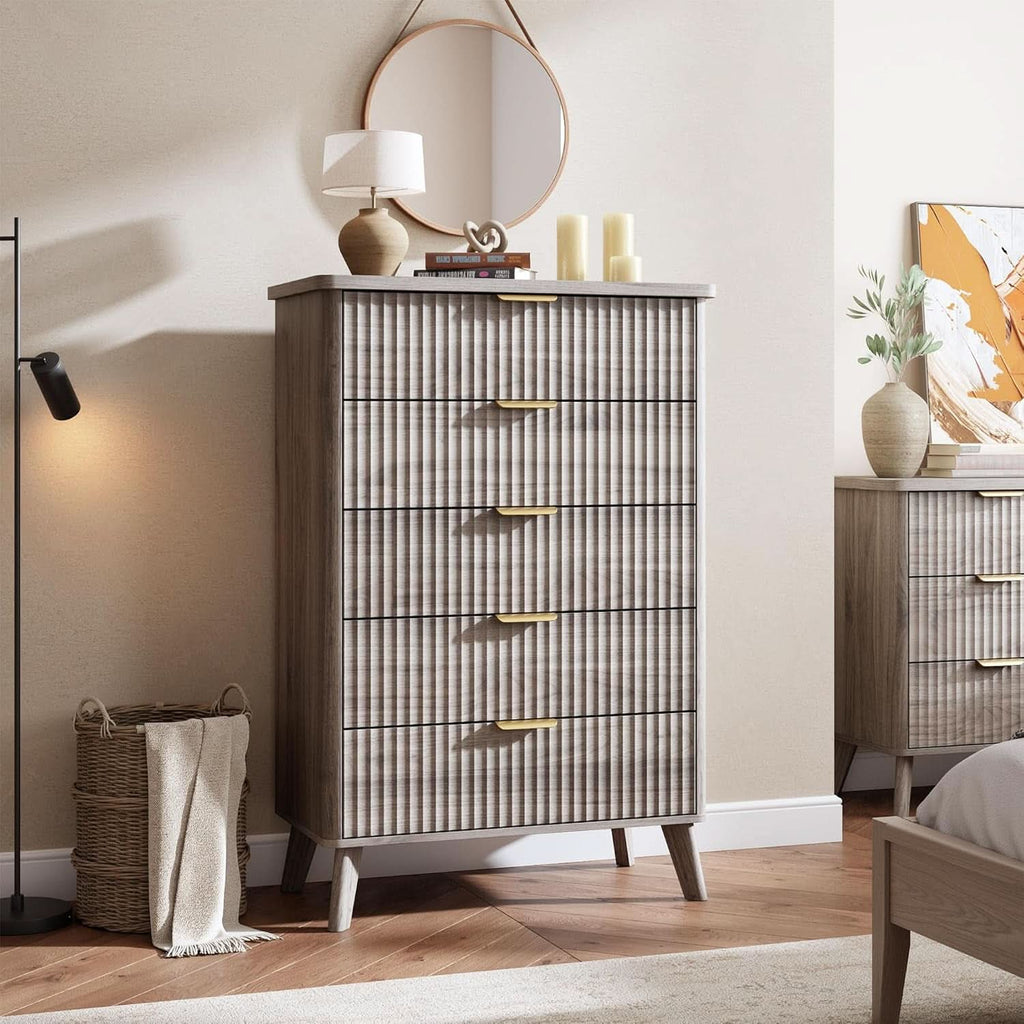 Grey Fluted Contemporary Five Drawer Bedroom Dresser