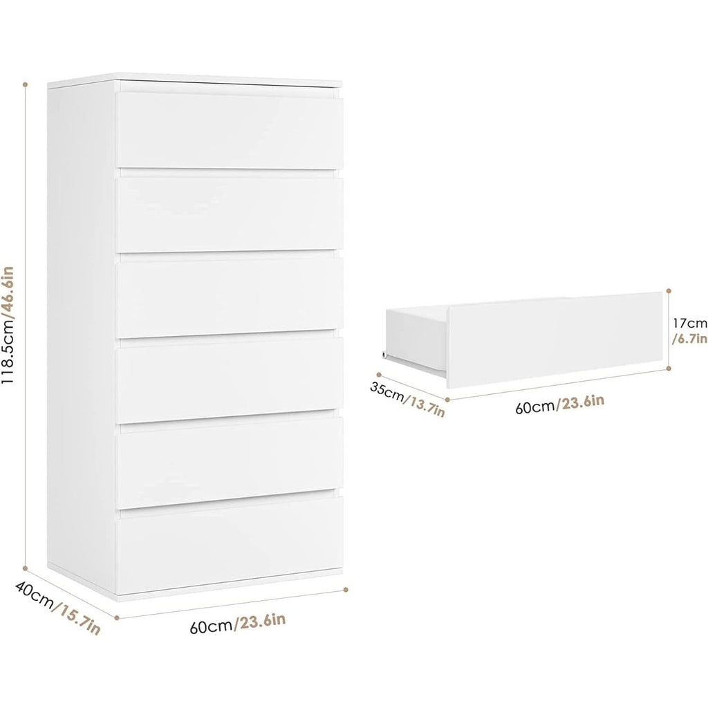 White Wooden 6 Drawer Bedroom Dresser With Sliding Rails
