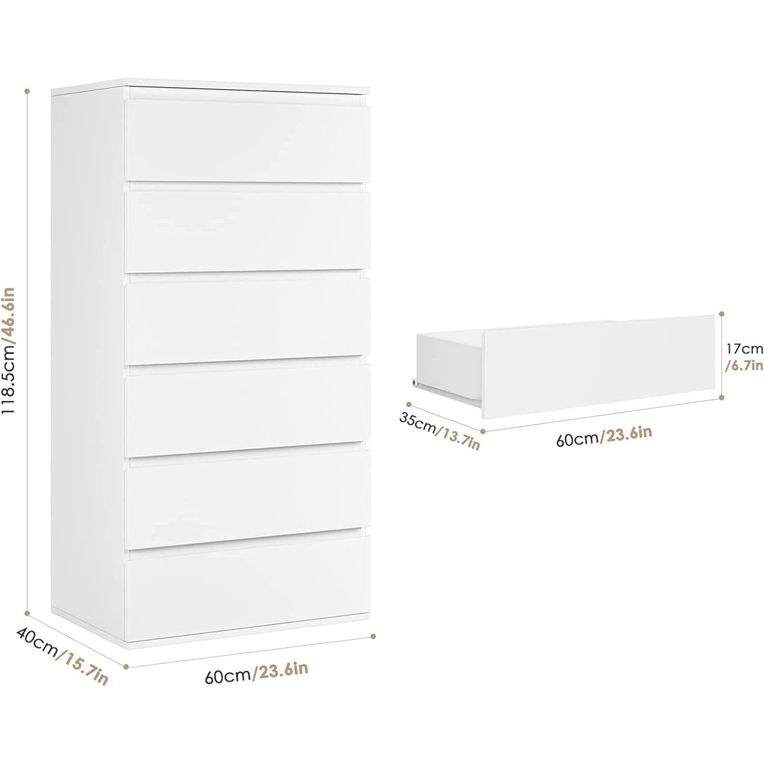 White Wooden 6 Drawer Bedroom Dresser With Sliding Rails