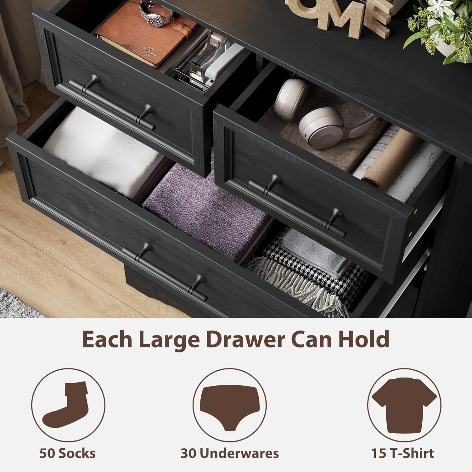 Black Farmhouse Dresser Six Drawer Bedroom Storage