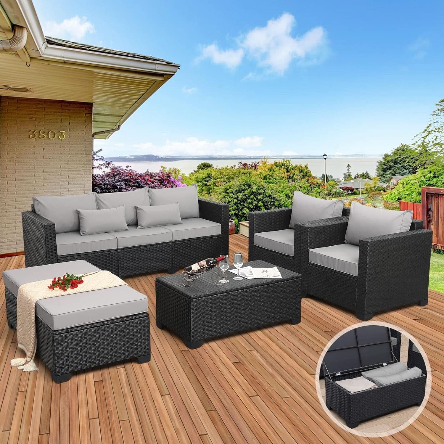 Six Piece Outdoor Wicker Furniture Set With Grey Cushions