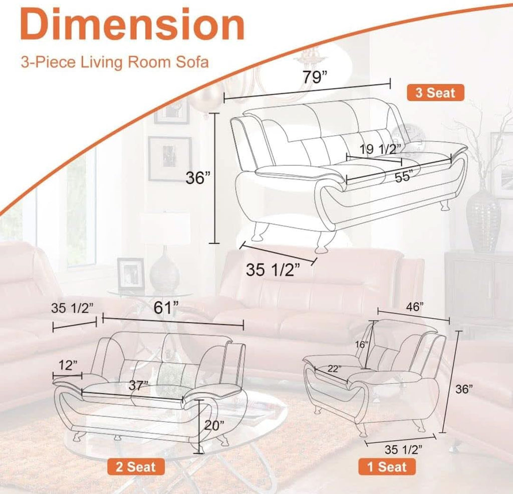 Faux Leather Sofa Set 3 Piece Living Room Furniture