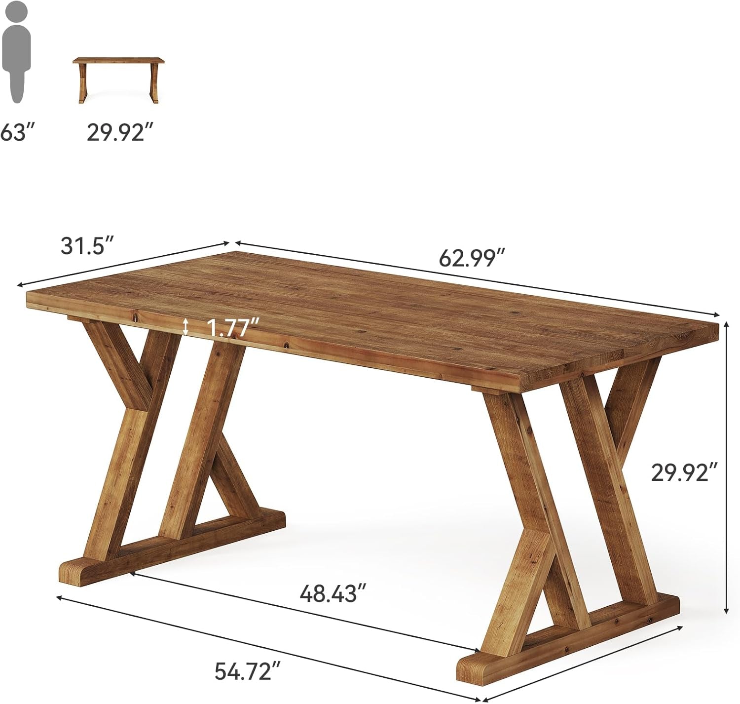 Solid Wood Rectangular Table 63 Inch Rustic Brown Finish
