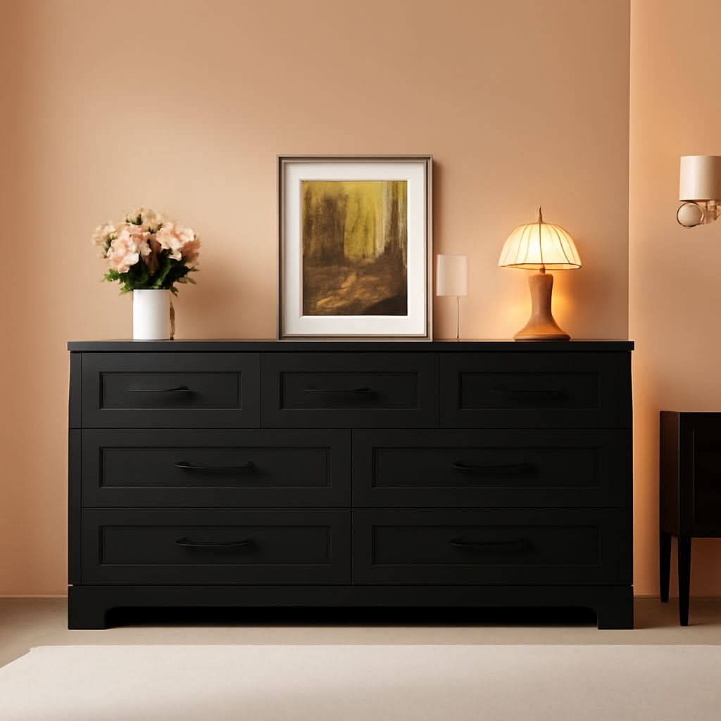 Seven Drawer Dresser For Bedroom Black Finish Storage