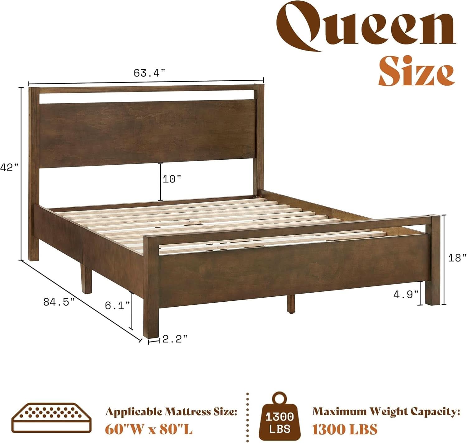 Queen Size Hardwood Platform Bedroom Frame Headboard