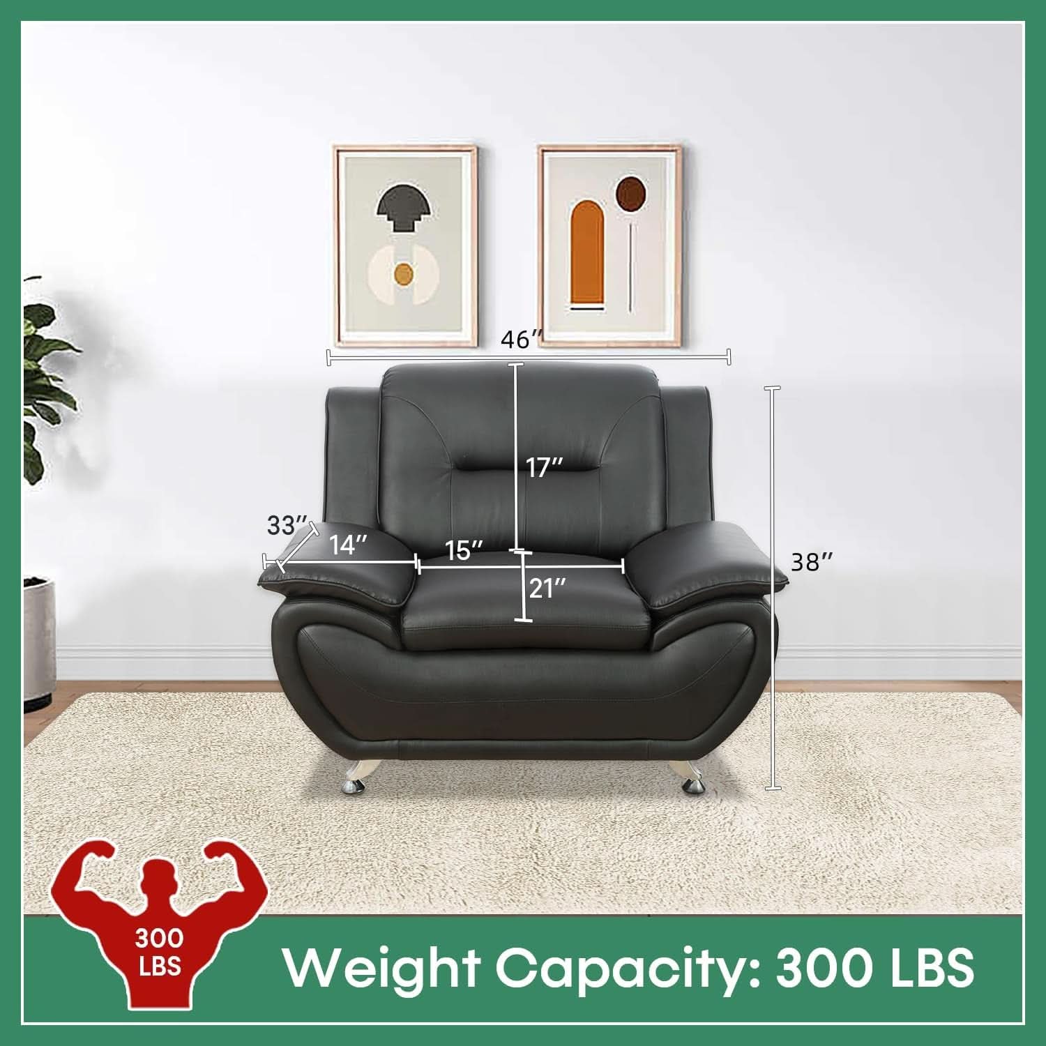 Leather Sofa Set 3 Piece Black Living Room Furniture