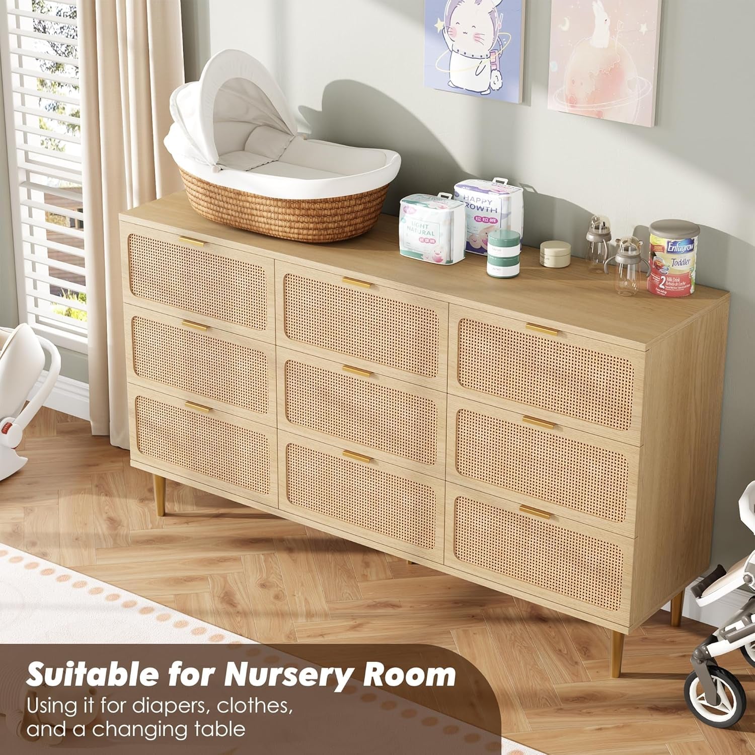 Rattan Nine Drawer Dresser For Bedroom Organization