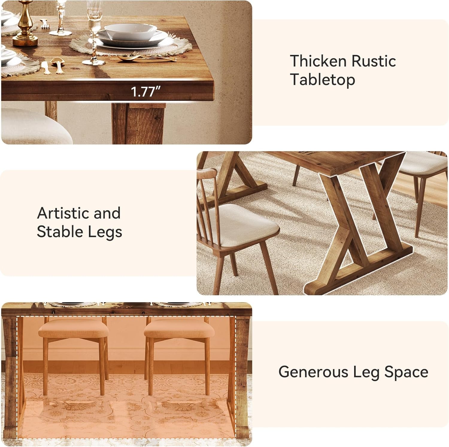 Solid Wood Rectangular Table 63 Inch Rustic Brown Finish
