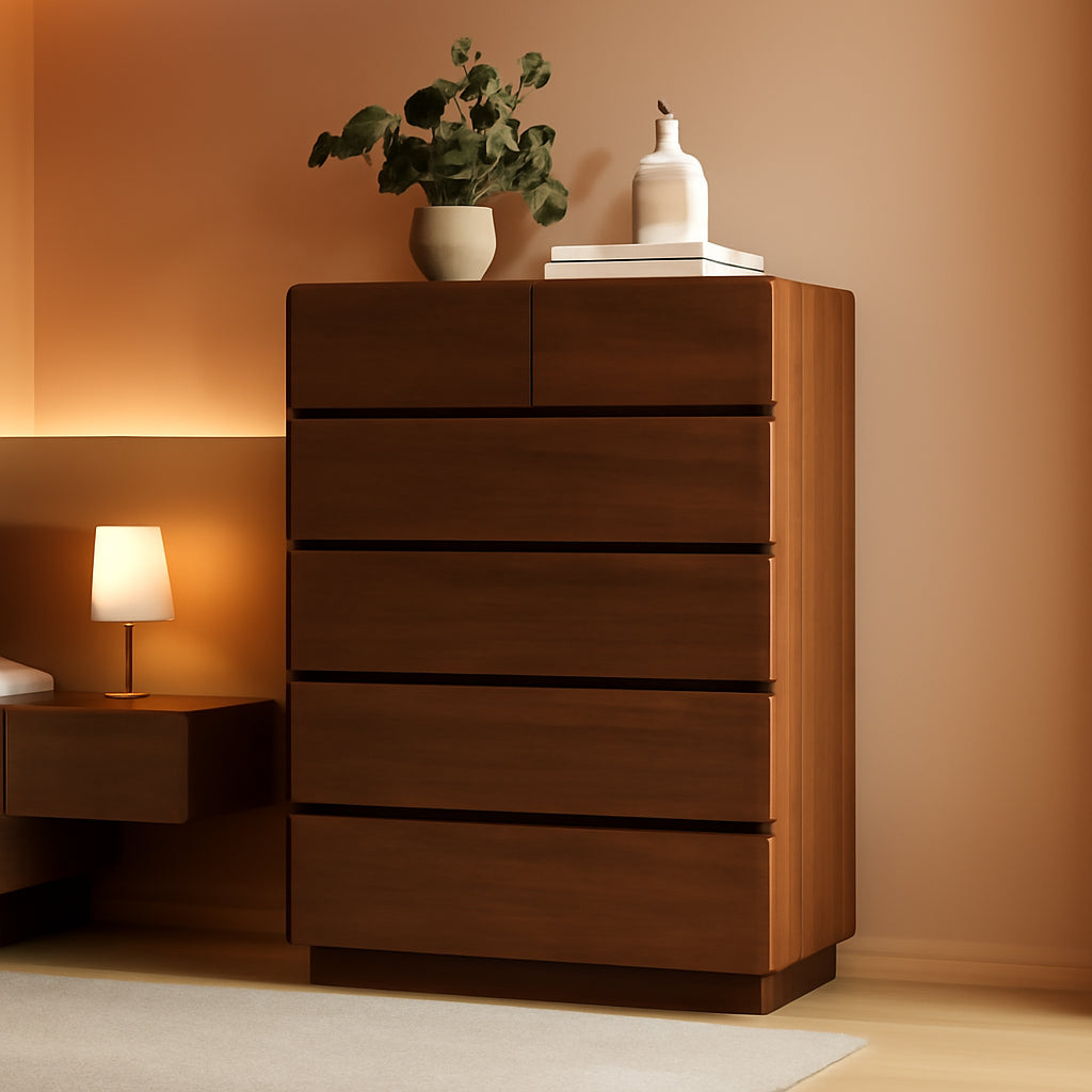 Walnut Six Drawer Dresser With Contemporary Profile