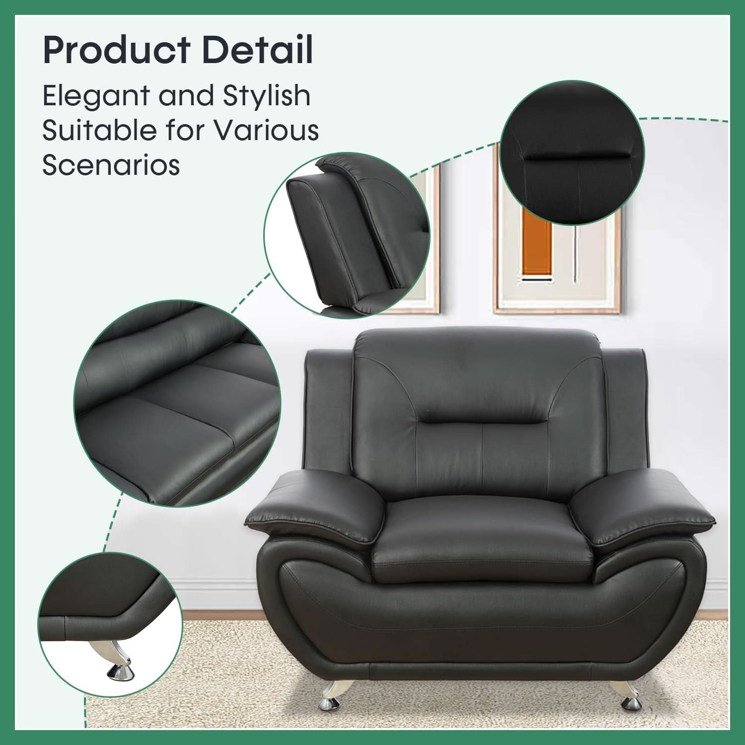 Leather Sofa Set 3 Piece Black Living Room Furniture