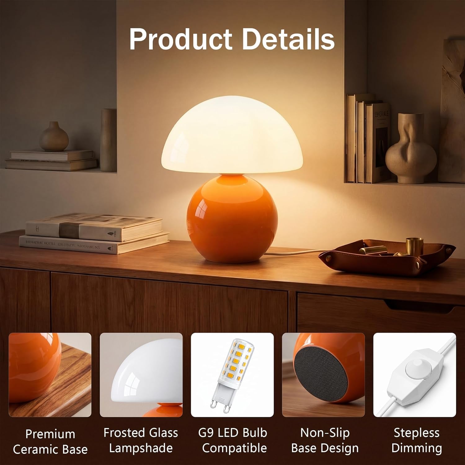 Orange Glass Mushroom Table Lamp Nightstand Bedroom