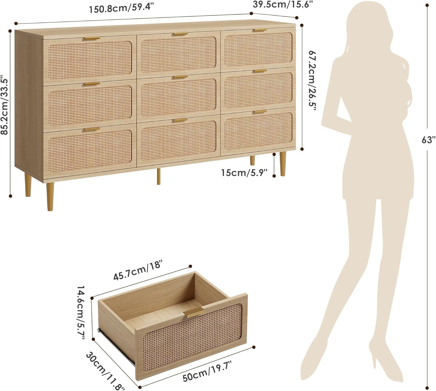 Rattan Nine Drawer Dresser For Bedroom Organization