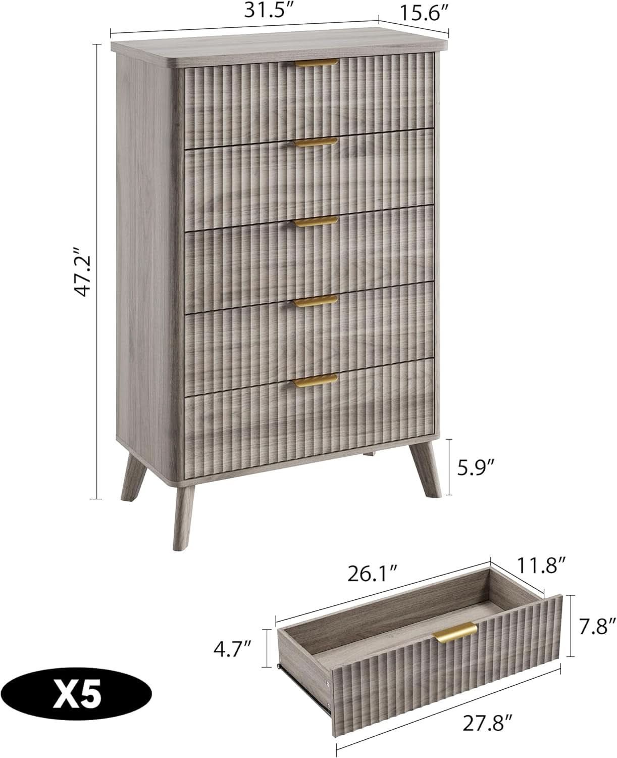 Grey Fluted Contemporary Five Drawer Bedroom Dresser
