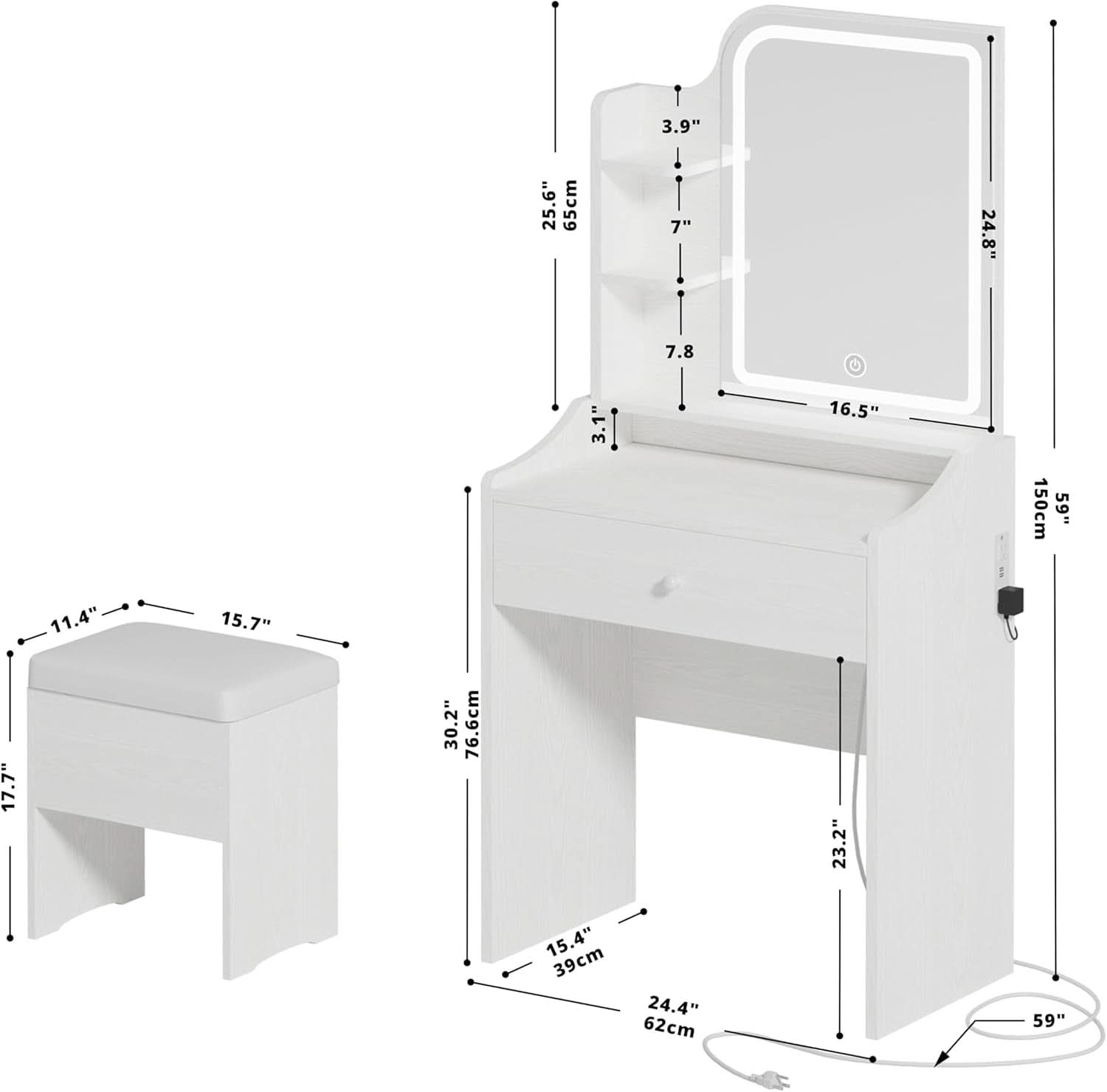 White Vanity Set With Lighted Mirror Modern Bedroom Desk