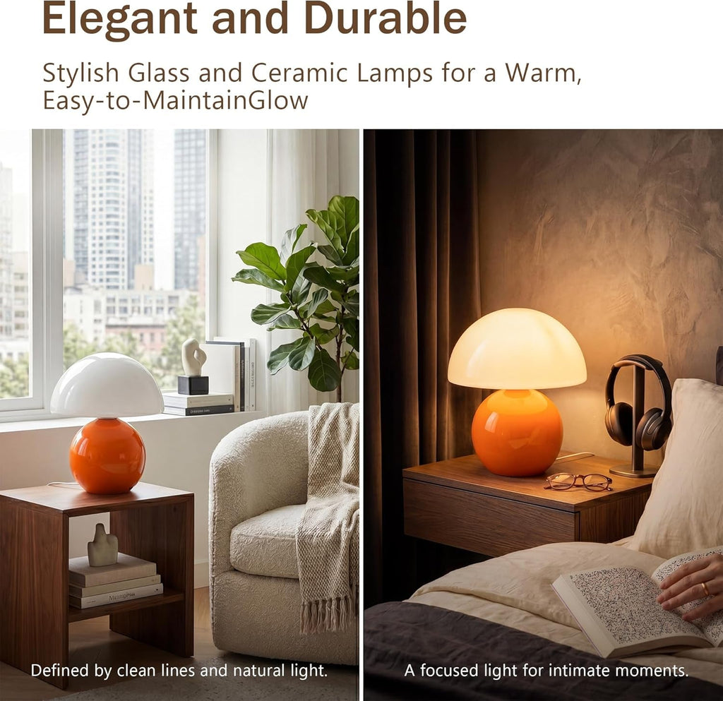 Orange Glass Mushroom Table Lamp Nightstand Bedroom