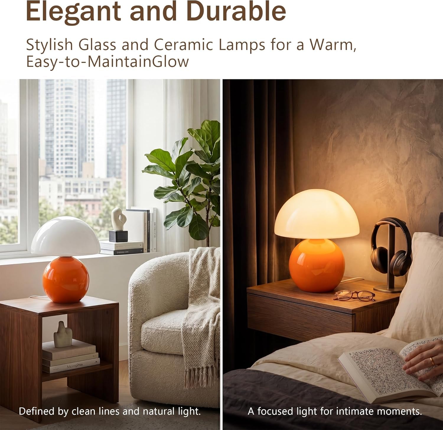 Orange Glass Mushroom Table Lamp Nightstand Bedroom